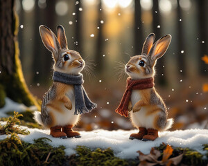 Fototapeta premium Little Hares Celebrating Snowfall, Funny Bunnies Throwing Snow at Each Other for Family, Holiday or Nature Theme