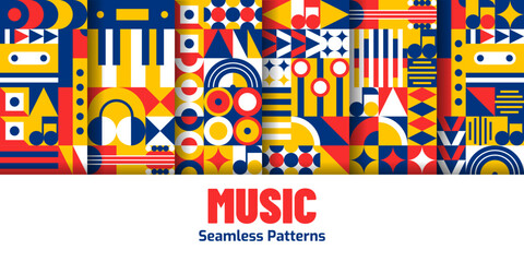 Obraz premium Music and sound production seamless patterns set with geometric ornament and shapes of notes, instruments, speakers and abstract sound symbols. Vector tile background with red, blue and yellow colors