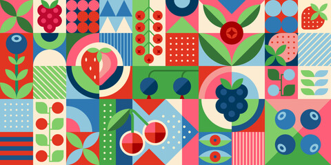 Raw berry fruits geometric pattern with strawberry, blueberry, cherry, raspberry, plant leaf abstract shapes. Vector seamless grid background, retro modern ornament, wallpaper and textile print © Buch&Bee