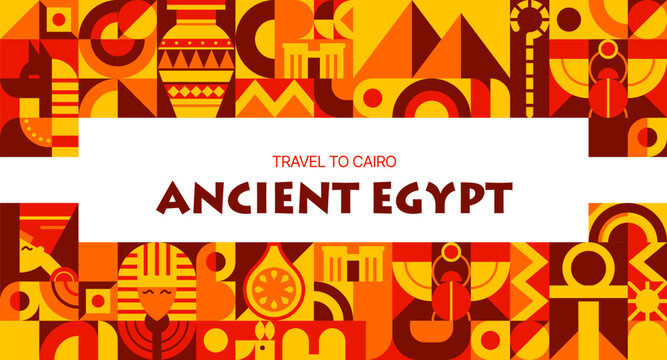 Ancient Egypt travel poster with modern geometric pattern. Orange red poster featuring Cleopatra, pharaoh, scarab beetle, pyramid, vase, and Anubis. Vector Egypt tourism campaign design