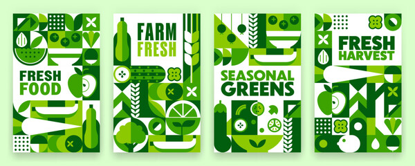 Obraz premium Organic farm fresh food posters with geometric green pattern and farmer produce motifs such as apple, cucumber, carrot, squash and wheat. Vector seasonal harvest greens, eco healthy eating foods