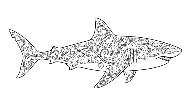 Ornate shark illustration with floral zentangle patterns for coloring page