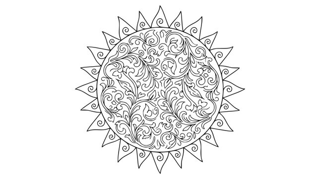 Ornate Sun Mandala Line Art for Adult Coloring Book