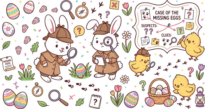 Cute Easter Detective Vector Clipart Set Featuring Cartoon Bunnies And Chicks In Trench Coats Investigating Case Of The Missing Painted Eggs
