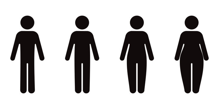 Body mass index vector icon pack featuring human body scale types from obese and overweight to normal 
slim fitness man silhouettes for healthcare design.