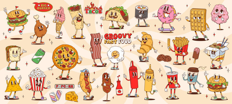 Cartoon groovy fast food characters of retro hippie burgers, hot dog, pizza, soda and coffee. Vector psychedelic groovy hamburger, sandwich, burrito and sushi, ice cream and popcorn characters