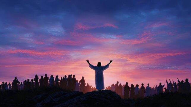 Jesus silhouette on a mountaintop delivering a sunset sermon to a crowd for banner background and inspirational design