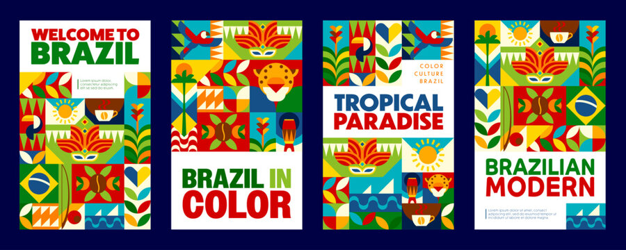 Brazil travel and vacation posters with modern geometric pattern, vector background. Welcome to Brazil posters with Brazilian carnival, tropical paradise parrots at Rio de Janeiro and Copacabana beach