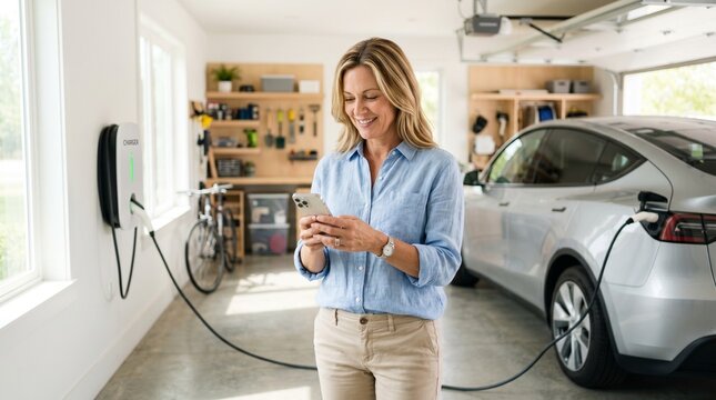 Woman using smartphone while charging electric car in home garage