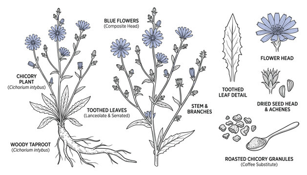 Botanical chicory plant vector illustration set with root flower head leaves and roasted granules.