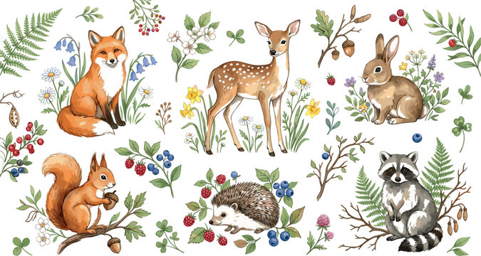 Cute Woodland Animals Icon Set with Deer Fox Rabbit Squirrel Raccoon Hedgehog and Forest Berries Watercolor Style Vector Illustration