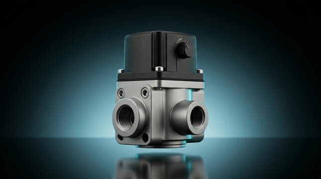 Industrial pneumatic control valve housing 3D render, smart factory airflow regulation unit, robotic automation valve system, compressed air control component