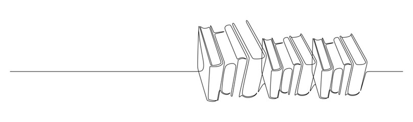 A minimalist continuous line drawing depicting a row of books standing upright next to each other on a flat surface © mamat