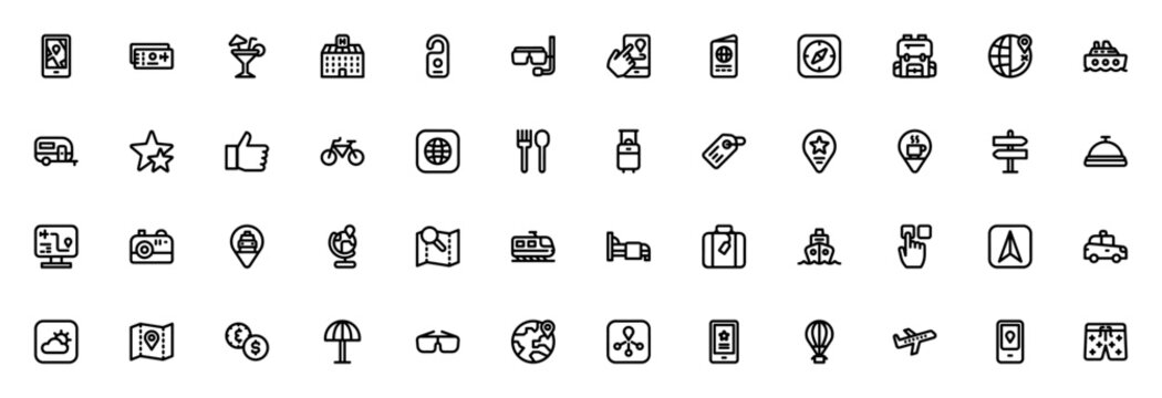 Travel icon set. Minimal thin line web icons pack. Vector illustration. Travel related icons featuring GPS, trip, cocktail, hotel, passport, compass, backpack, worldwide, cruise, caravan, bike, map, t