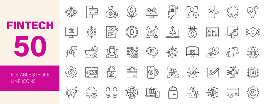 Fintech icon set. Editable line icons. Vector illustration.