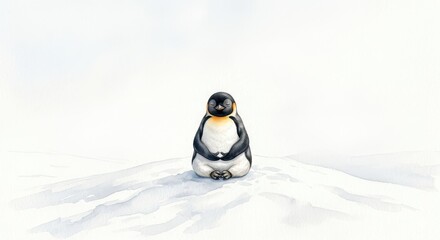Obraz premium Cute Penguin Meditating in Zen Pose on Snowy Landscape Watercolor Illustration