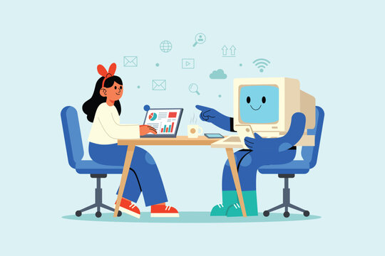 Woman and Retro Robot Analyzing Data