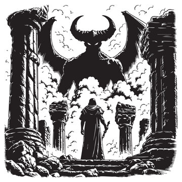 Epic showdown in ancient ruins with black and white