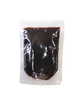 Thick Black Sweet Soy Sauce In Transparent Plastic Sachet Mockup Isolated On Transparent Background