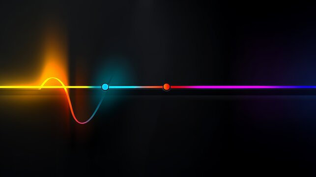 Vibrant glowing neon pulse wave line on dark background, abstract colorful futuristic heartbeat frequency or audio spectrum concept.