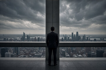 Fototapeta premium Businessman Standing Looks Cityscape Business and Opportunity in City