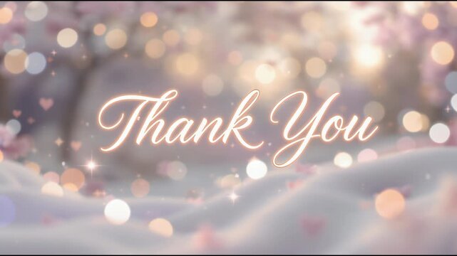 Glowing Thank You text on soft shimmering pink bokeh background