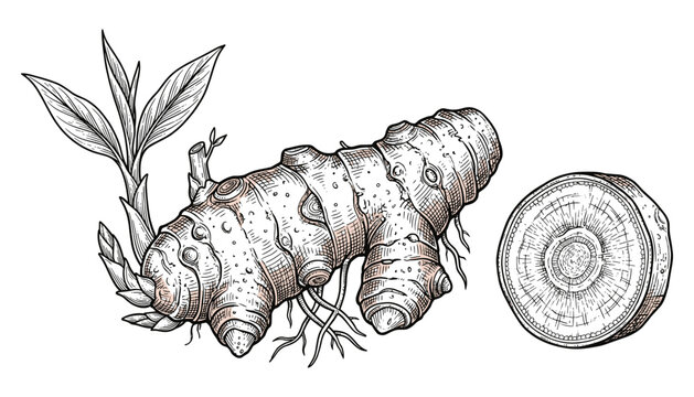 Fresh turmeric root rhizome with green leaves vector illustration for culinary and health cooking.