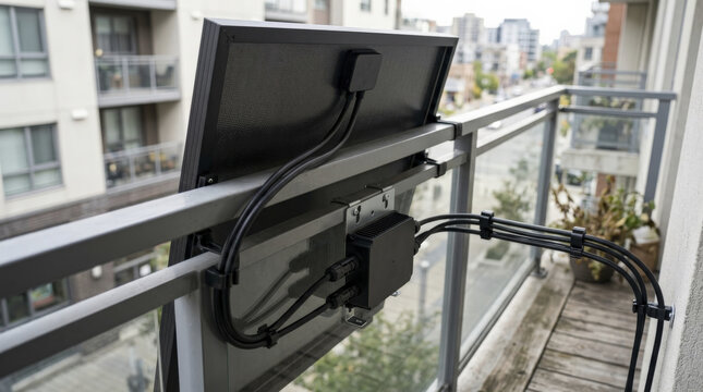 Balcony Solar Panel Installation Detail with Wiring on Urban Railing.