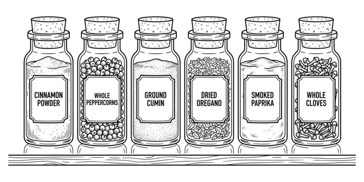 Spice jars set cinnamon powder peppercorns ground cumin oregano paprika cloves.