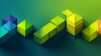 Naklejka premium Abstract 3d glass and solid cubes arranged in dynamic pattern. Blue green and yellow geometric blocks for technology and data concept.
