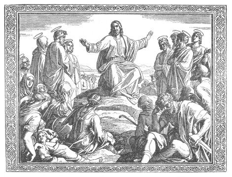 Jesus Christ teaching the crowd, surrounded by disciples and followers, ornate border, old vintage illustration, 1899.