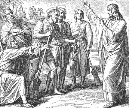 Jesus choosing his disciples, pastoral setting with fishermen holding nets and tools, old vintage illustration, 1899.