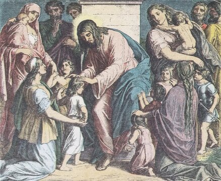 Jesus blessing the children, central figure blessing kneeling children, attentive adults, compassion and reverence, old vintage illustration, 1899.