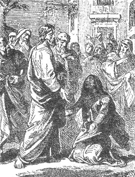 Jesus and Zacchaeus in the Sycamore Tree, Crowd with Kneeling Figure Touching Garment, Vintage Biblical Engraving, Old Vintage Illustration, 1899.