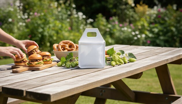 Premium white fabric drink tote on a festive outdoor picnic table