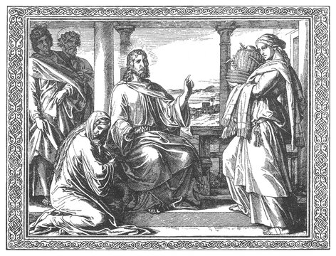 Jesus teaching Martha and Mary, seated Christ with standing and kneeling figures, classical columns and arches, old vintage illustration, 1899.