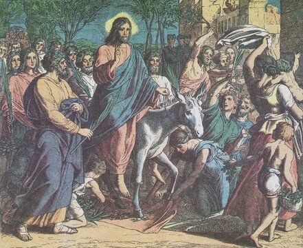 Entry of the Lord into Jerusalem, Jesus riding a donkey, crowd waving palm branches, welcoming celebration, old vintage illustration, 1899.