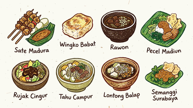 A vibrant illustration showcasing a variety of traditional Indonesian dishes, each labeled with its name.