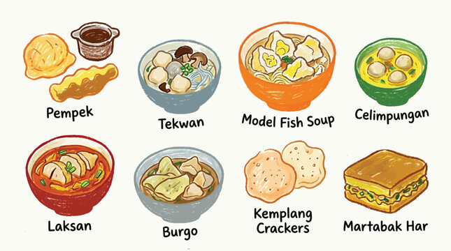 A colorful illustration of various Indonesian foods, including Pempek, Tekwan, Model Fish Soup, Celimpungan, Laksan, Burgo, Kemplang Crackers, and Martabak Har.