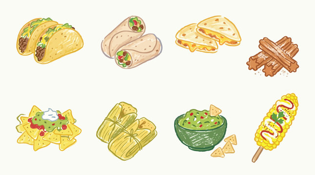 A colorful collection of popular Mexican food items, including tacos, burritos, quesadillas, churros, nachos, tamales, guacamole, and elote.