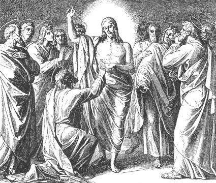 Doubting Thomas touching the wound of the risen Christ, apostles gathered, awe and reverence, biblical engraving, old vintage illustration, 1899.