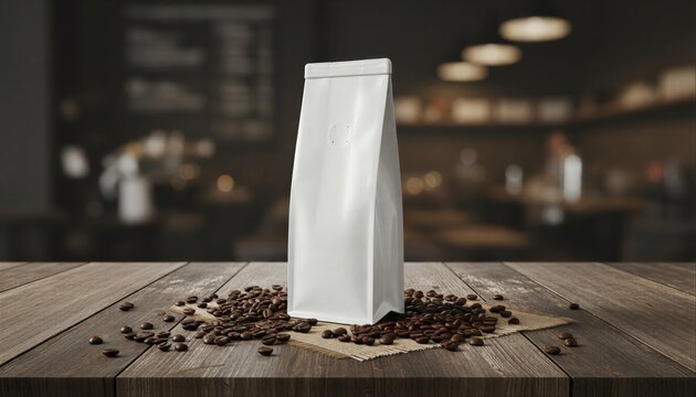 Premium white pouch on a rustic oak table surrounded by dark roasted coffee beans in a sunlit kitchen