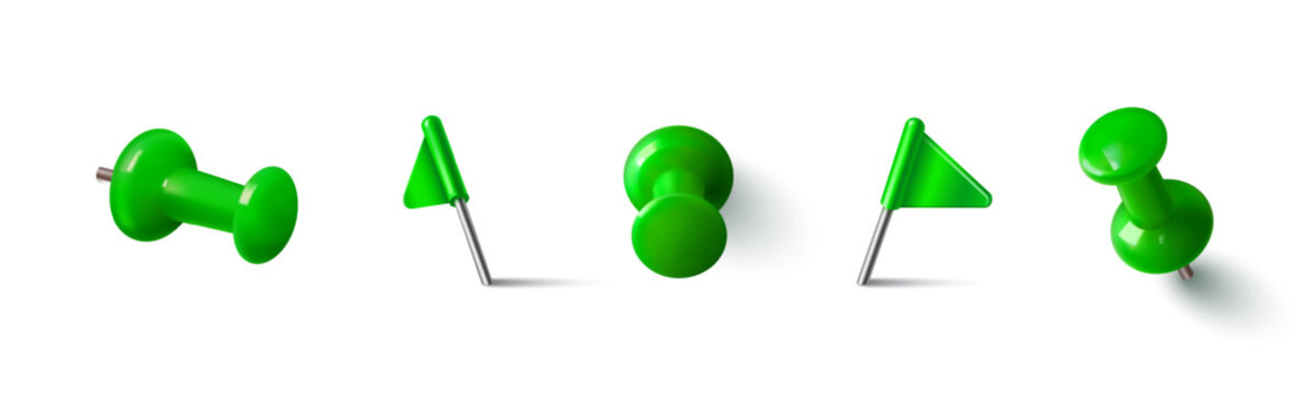 Green thumbtack pin icons with shadow, 3d realistic vector set isolated on white background. Pushpin design of different kinds for office board, paper notes, and memo fixation