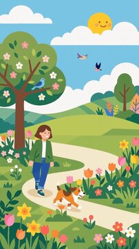Animation Woman Walking Dog in Spring Garden with Flowers and Smiling Sun