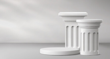 Obraz premium White marble stone roman podium, classic greek column stand for presentation, 3d realistic vector background. Ancient pillar pedestal for premium product display, museum exhibition, empty round base