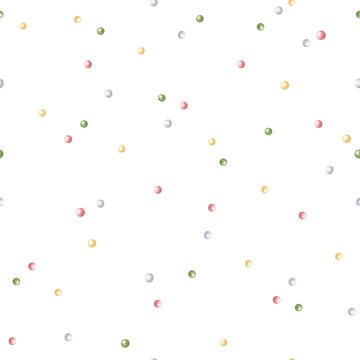 Abstract simple watercolor seamless pattern with Christmas candies polka dots in pastel red, green and yellow colors. Hand drawn minimalist sweet holiday repeat background for winter wrapping paper