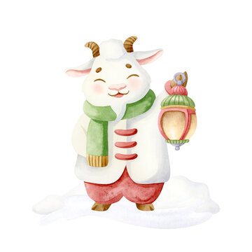 Cute goat Chinese New Year 2027 symbol in snow watercolor illustration. Cartoon Christmas animal character portrait clip art. Hand drawn sketch for winter holidays greeting cards and kids designs