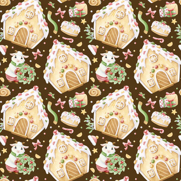 Christmas gingerbread house cake with desserts and gifts watercolor seamless pattern on dark background. Hand drawn repeat backdrop with cartoon goat character decorating home for winter holidays