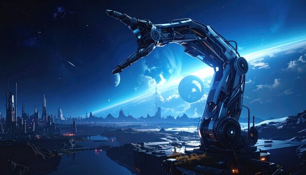 Futuristic Robotic Arm on Alien Planet with Cityscape and Nebula