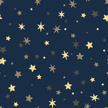 Gold stars on night sky seamless pattern on dark blue. Cute yellow stars in simple style for baby apparel and nursery decor. Hand drawn kids background with starry sky